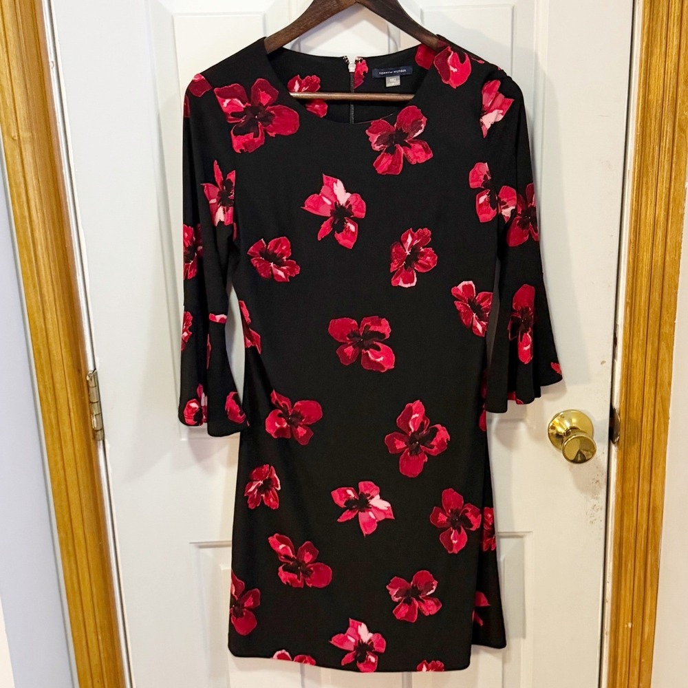 Tommy Hilfiger Sheath Dress Womens 6 Black Red Floral Bell Sleeve Office Work
